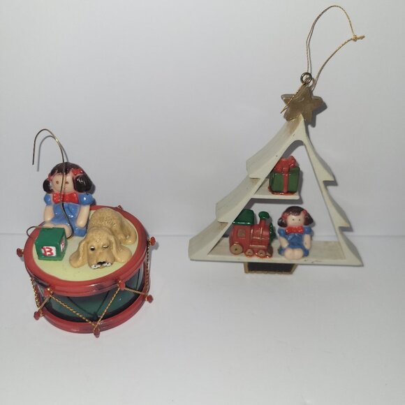 Vintage Plastic Ornaments Set of 2 * Rag Doll Girl, Dog, Drum, Train - Picture 1 of 3